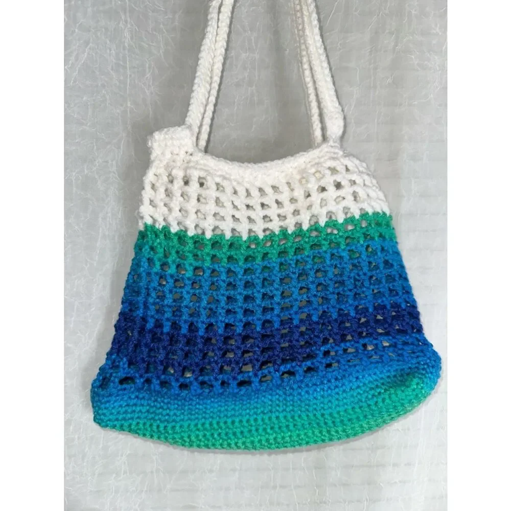 Handmade Crochet White Shades of Blue Green Small Fishnet Market Tote